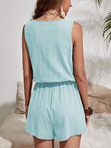 SHEIN LUNE 翻蓋口袋前拉鏈腰上打結翻蓋口袋連身短褲 - 薄荷藍 - 查看 2