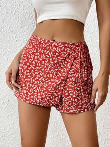 SHEIN PETITE 碎花側打結裙裤 - 紅色 - 查看 1