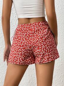 SHEIN PETITE 碎花側打結裙裤 - 紅色 - 查看 2