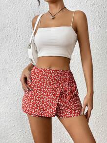 SHEIN PETITE 碎花側打結裙裤 - 紅色 - 查看 3