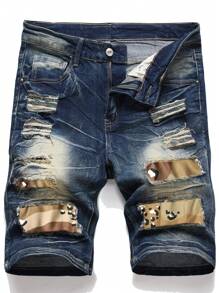 Manfinity Hombres Shorts en mezclilla algodón con estampado de dibujo desgarro - Azul lavado oscuro - Ver 1