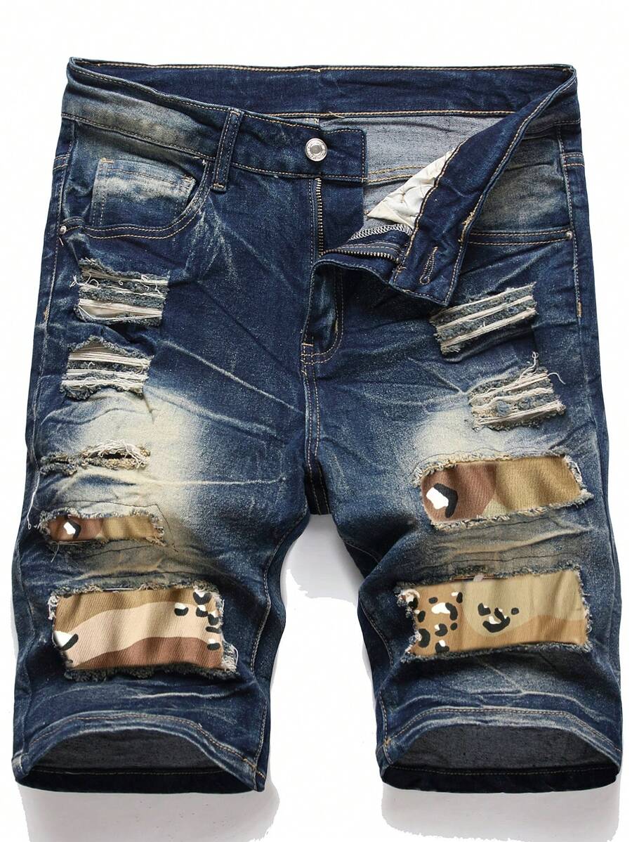 Manfinity Hombres Shorts en mezclilla algodón con estampado de dibujo desgarro - Azul lavado oscuro - Ver 1
