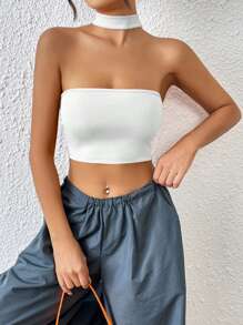 SHEIN BAE Top halter crop unicolor - Blanco - Ver 1