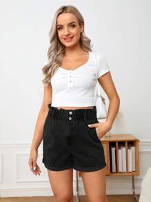 SHEIN 孕婦紙袋腰卷邊牛仔短褲 - 黑色 - 查看 1