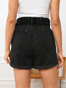 SHEIN 孕婦紙袋腰卷邊牛仔短褲 - 黑色 - 查看 3