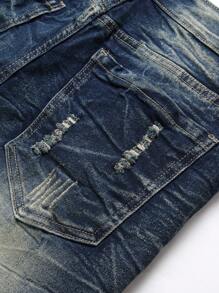 Manfinity Hombres Shorts en mezclilla algodón con estampado de dibujo desgarro - Azul lavado oscuro - Ver 4