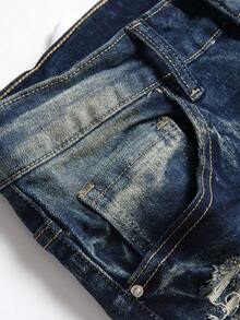 Manfinity Hombres Shorts en mezclilla algodón con estampado de dibujo desgarro - Azul lavado oscuro - Ver 5