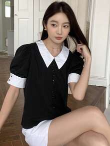 DAZY 拼接領泡泡袖前紐扣襯衫 - 黑色 - 查看 7
