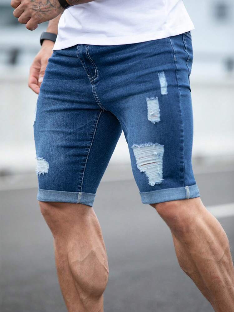 Men Ripped Frayed Roll Hem Bermuda Denim Shorts Plain Dark Blue Jorts, For Husband, Boyfriend Gifts Work Going Out Urban Vacation Street