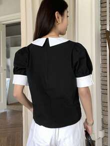 DAZY 拼接領泡泡袖前紐扣襯衫 - 黑色 - 查看 2