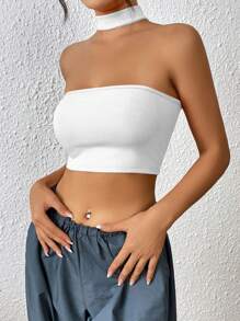 SHEIN BAE Top halter crop unicolor - Blanco - Ver 7