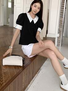 DAZY 拼接領泡泡袖前紐扣襯衫 - 黑色 - 查看 3