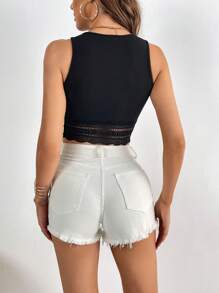 SHEIN Tall Contrast Lace Crop Tank Top - Black - View 2