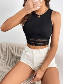 SHEIN Tall Contrast Lace Crop Tank Top - Black - View 3