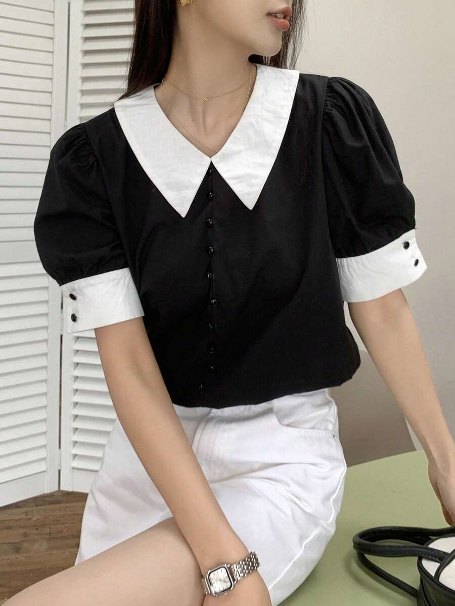 DAZY 拼接領泡泡袖前紐扣襯衫 - 黑色 - 查看 1