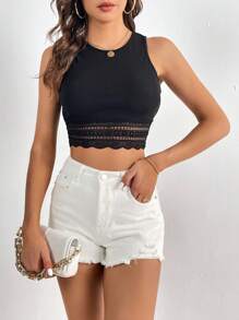 SHEIN Tall Contrast Lace Crop Tank Top - Black - View 4