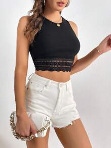 SHEIN Tall Contrast Lace Crop Tank Top - Black - View 5