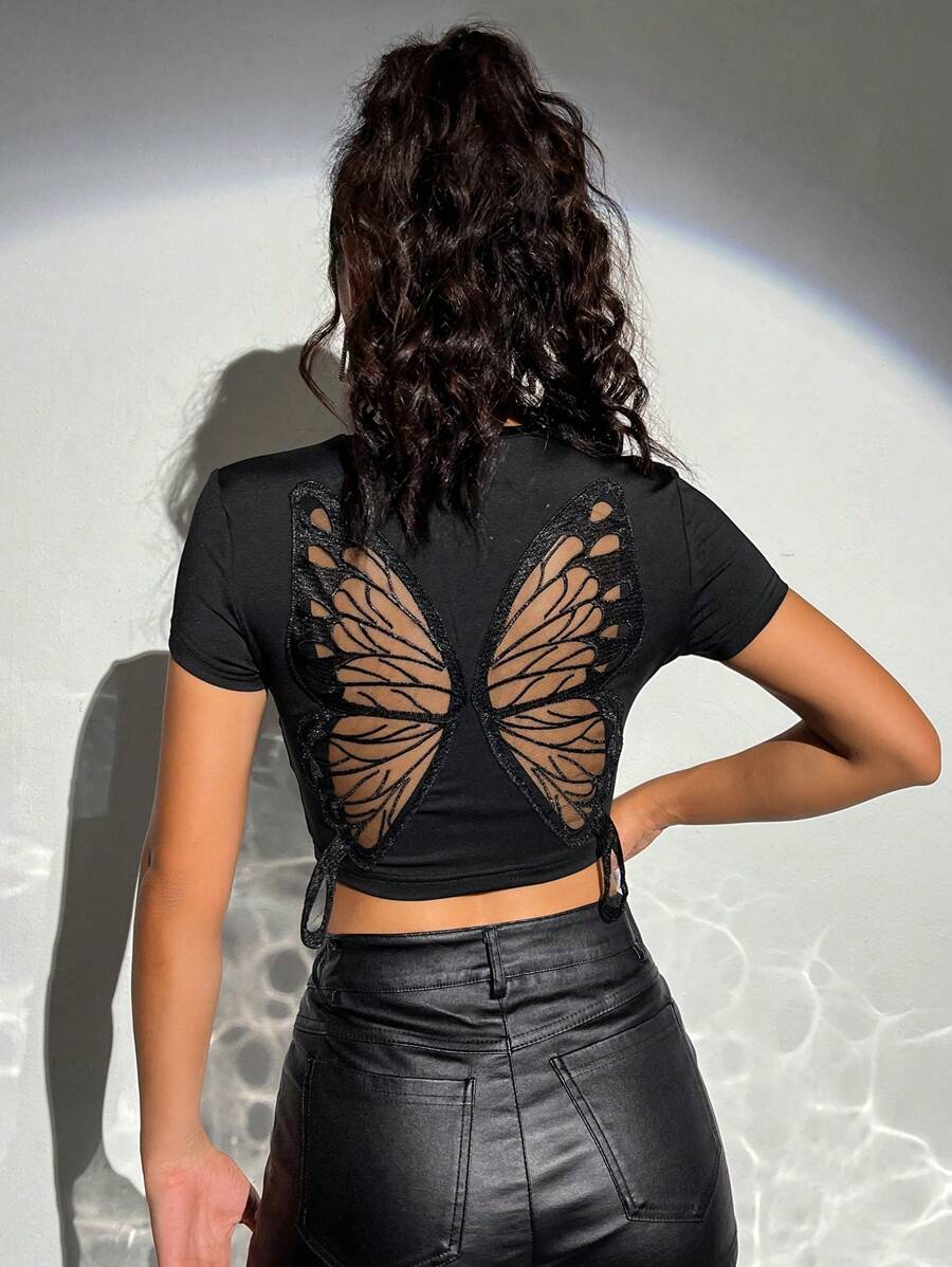 SHEIN X Doris Jocelyn SHEIN ICON Butterfly Pattern Crop Tee - Black - View 1