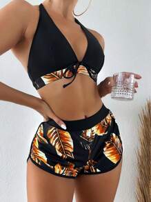 Tropical Print Tie Front Halter Bikini With Beach Shorts - Black - View 1