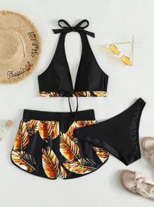 Tropical Print Tie Front Halter Bikini With Beach Shorts - Black - View 5