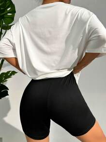 Letter Graphic Drop Shoulder Tee & Shorts Lounge Set - Black and White - View 2