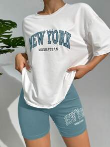 字母圖案落肩T恤和騎行褲休閒服套裝 - 藍白色 - 查看 3