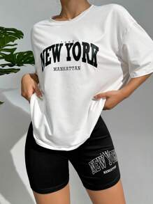Letter Graphic Drop Shoulder Tee & Shorts Lounge Set - Black and White - View 3