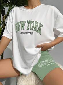 字母圖案落肩T恤和短褲休閒服套裝 - 薄荷綠 - 查看 1