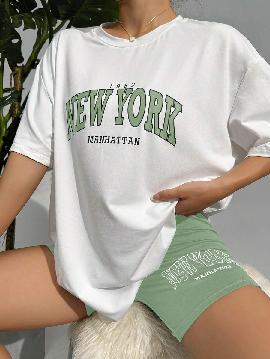 字母圖案落肩T恤和短褲休閒服套裝 - 薄荷綠 - 查看 1