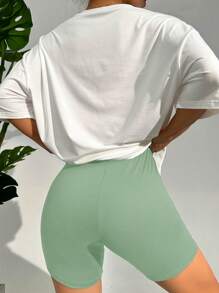 字母圖案落肩T恤和短褲休閒服套裝 - 薄荷綠 - 查看 2