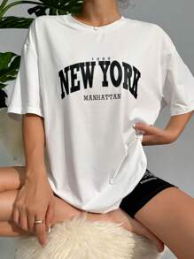Letter Graphic Drop Shoulder Tee & Shorts Lounge Set - Black and White - View 4