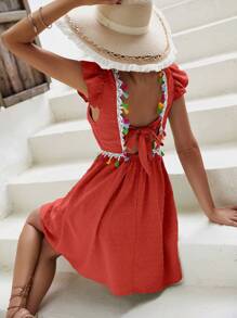 SHEIN VCAY 後背繫帶荷葉邊洋裝 - 紅木色 - 查看 6