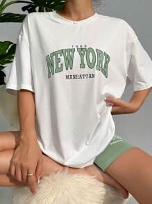 字母圖案落肩T恤和短褲休閒服套裝 - 薄荷綠 - 查看 3