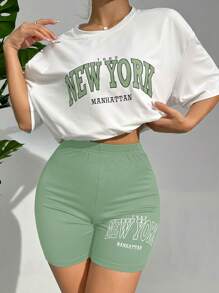 字母圖案落肩T恤和短褲休閒服套裝 - 薄荷綠 - 查看 4