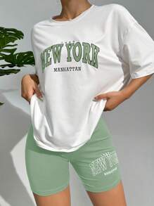 字母圖案落肩T恤和短褲休閒服套裝 - 薄荷綠 - 查看 5