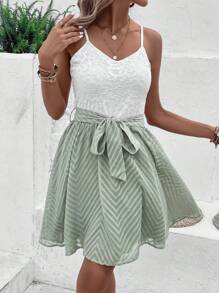 SHEIN VCAY Two Tone Belted Cami Dress - Multicolor - View 3