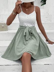 SHEIN VCAY Two Tone Belted Cami Dress - Multicolor - View 4