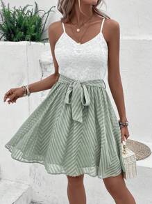 SHEIN VCAY Two Tone Belted Cami Dress - Multicolor - View 5