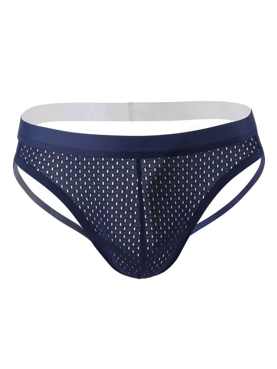 Jockstrap sexy de ropa interior para hombres con cinta de contraste sólida - Azul Marino - Ver 1