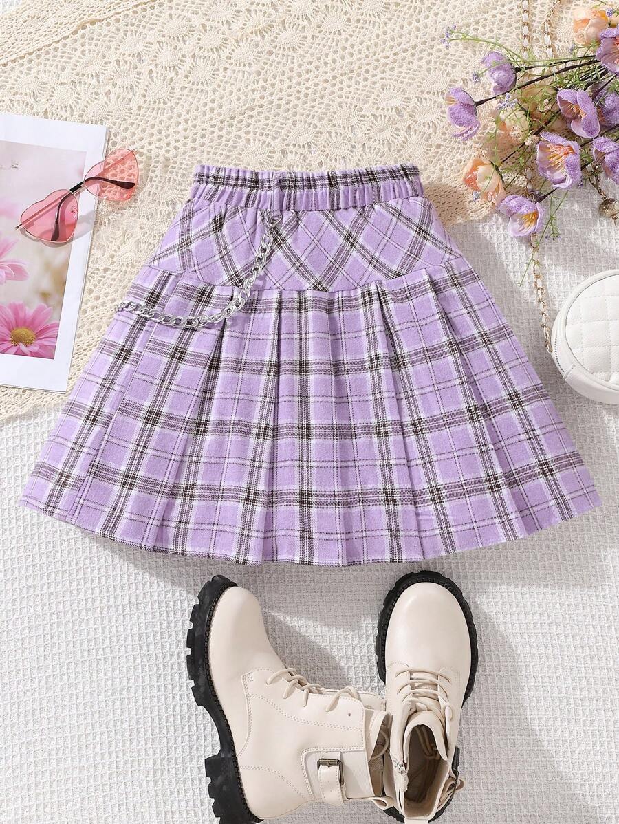SHEIN Girls Plaid Print Pleated Skirt With Chain - Purple - View 1
