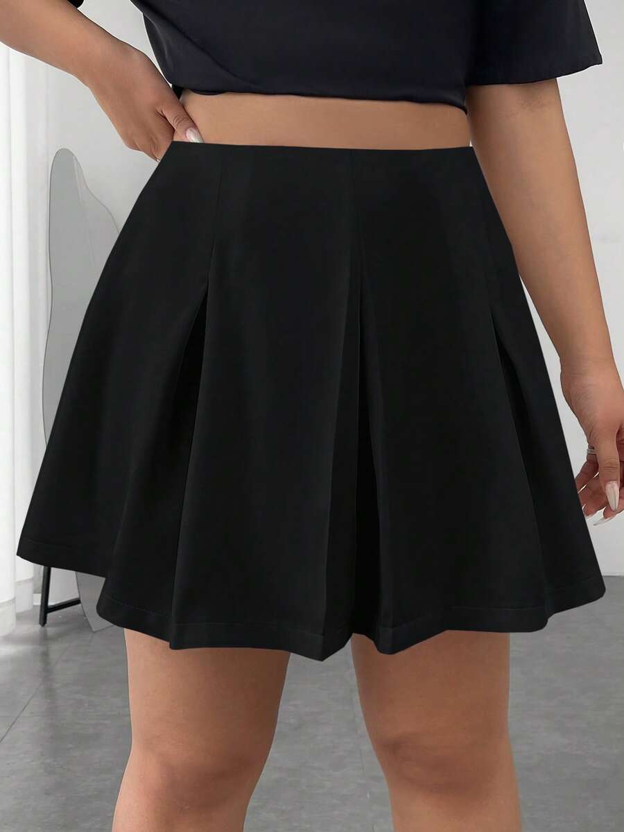 SHEIN EZwear 大碼素色褶皺半身裙 - 黑色 - 查看 1