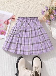 SHEIN Girls Plaid Print Pleated Skirt With Chain - Purple - View 2