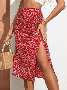 SHEIN VCAY Váy nữ Xù Dây kéo Tách cao Họa tiết hoa Boho - Đỏ - Xem 1