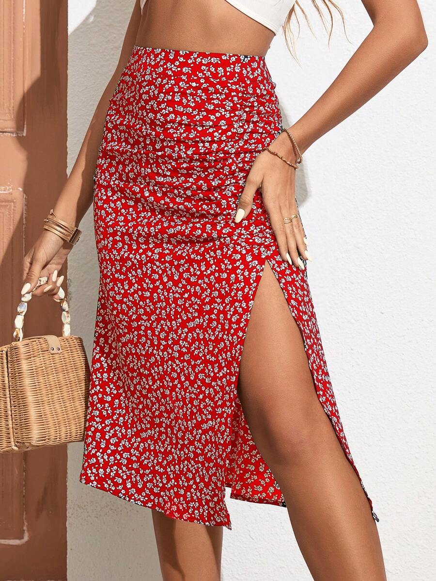 SHEIN VCAY Váy nữ Xù Dây kéo Tách cao Họa tiết hoa Boho - Đỏ - Xem 1