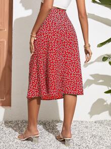 SHEIN VCAY Váy nữ Xù Dây kéo Tách cao Họa tiết hoa Boho - Đỏ - Xem 2