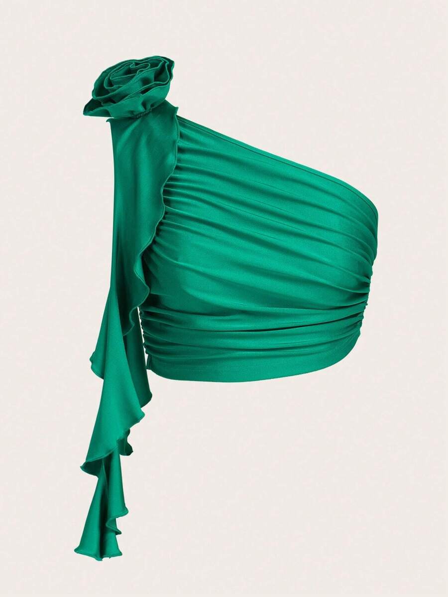 SHEIN ICON One Shoulder 3D Rosette Decor Ruched Side Crop Top - Green - View 1