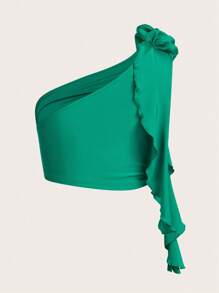 SHEIN ICON One Shoulder 3D Rosette Decor Ruched Side Crop Top - Green - View 2