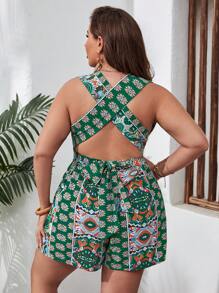 SHEIN VCAY 大碼圖案印花深V領連身短褲 - 綠色 - 查看 2