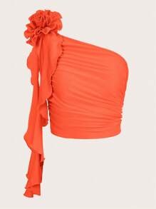 SHEIN ICON 3D玫瑰花結一肩荷葉邊飾褶邊上衣 - 橘色 - 查看 1
