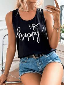 SHEIN LUNE Floral & Letter Graphic Tank Top - Black - View 5